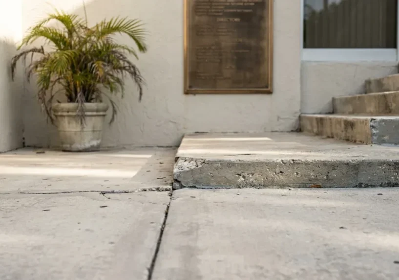 cracked uneven concrete sidewalk leading to building entrance steps and directory plaque