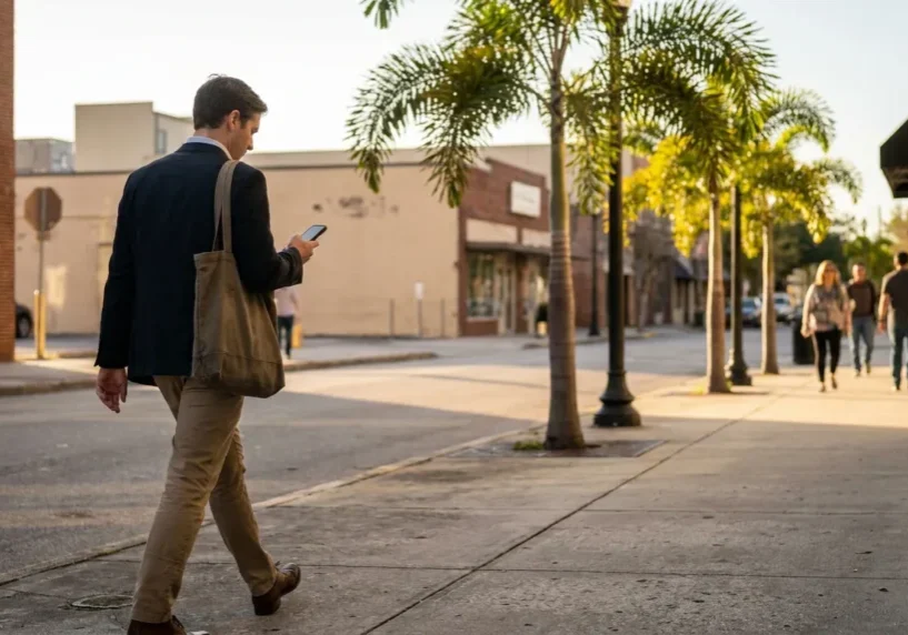 Man checking smartphone while walking distracted along palm-lined sidewalk downtown street