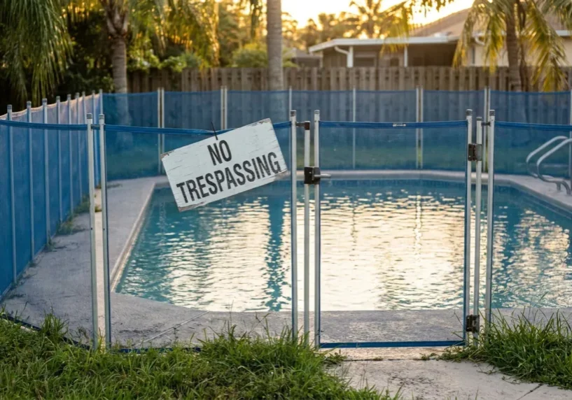 No Trespassing sign hanging on gated residential swimming pool safety fence
