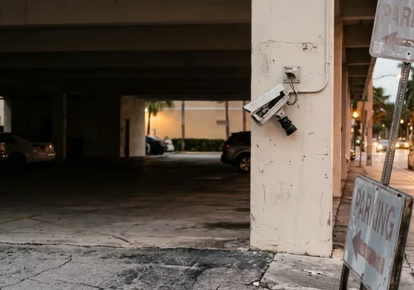 surveillance camera mounted on parking garage column near parking signs