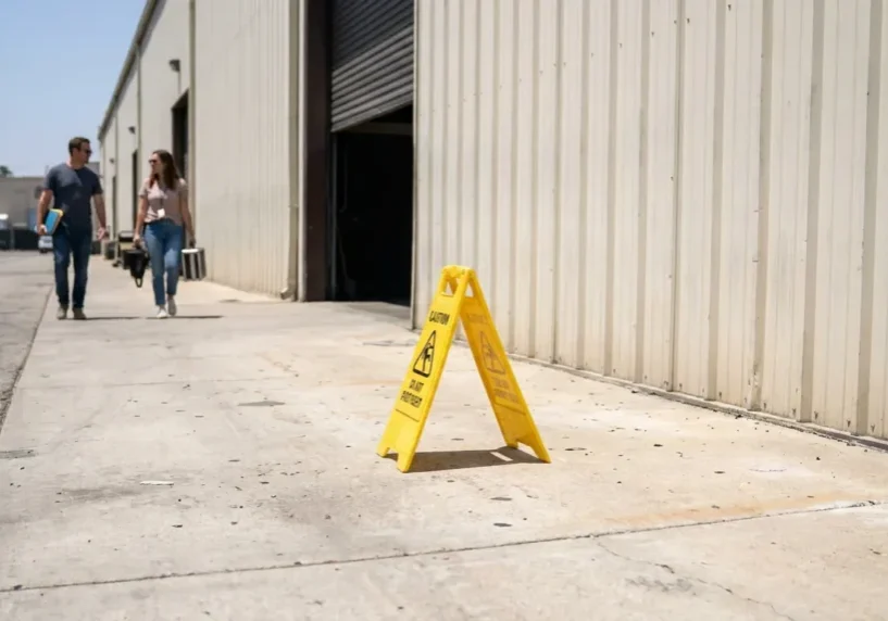 caution wet floor sign placed on pavement outside industrial warehouse building