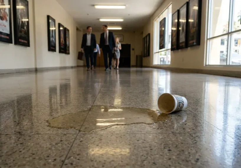 overturned cup spilling liquid on hallway floor near walking professionals