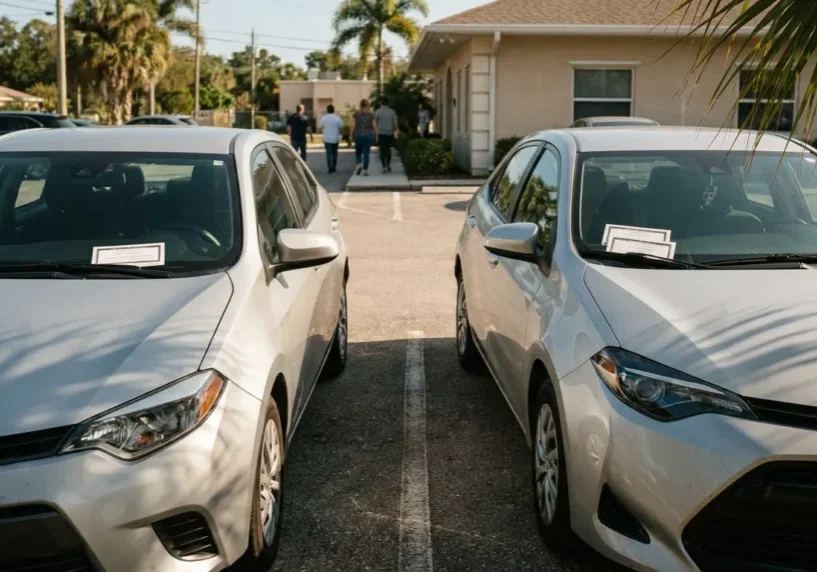 two Toyota sedans parked side by side with documents on windshields
