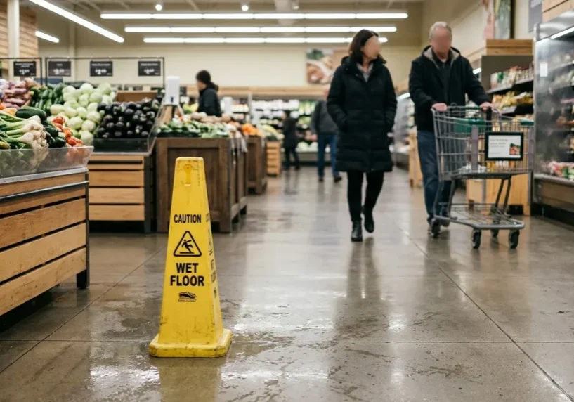 Caution Wet Floor sign on wet grocery store aisle with shoppers nearby